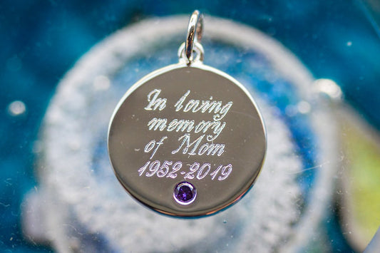 Engraved Sterling Silver Charm with Birthstone - 18mm